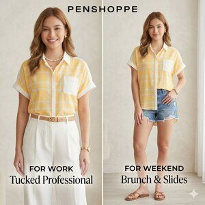 Penshoppe Yellow & White Plaid High-Low Button-Down Blouse - Size Medium
